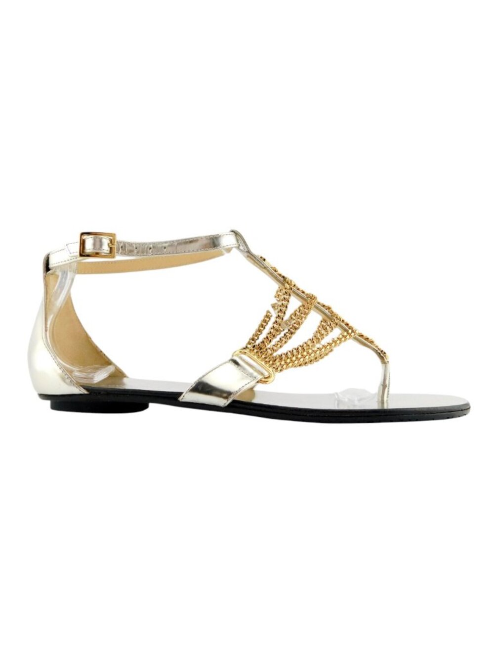 Unworn JIMMY CHOO Gold Chain Silver Leather T Strap Ankle Sandals 37.5